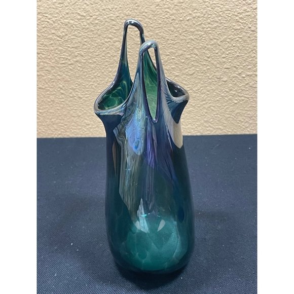 Rare Vintage Hand Blown Glass Paper Bag Vase Signed Sea Foam Blue Color - Picture 2 of 13